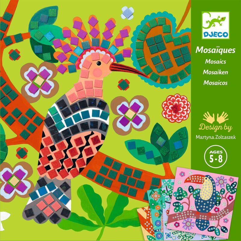 Djeco mosaic kit packaging with a colorful mosaic design of a bird and flowers on a green background.
