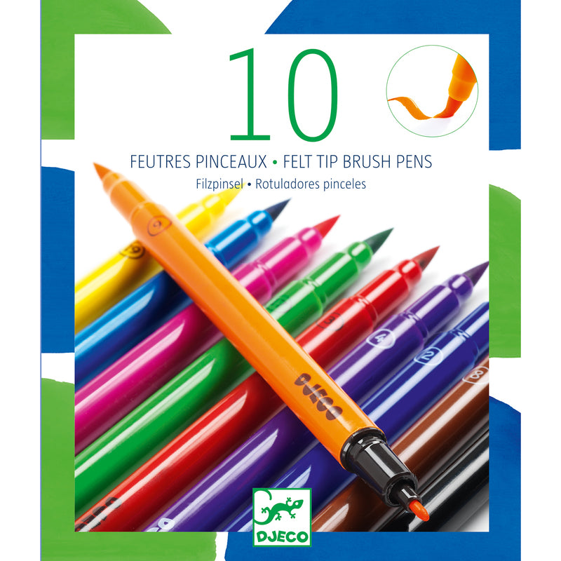 Pack of 10 felt-tip brush pens with colorful markers on a white background, featuring the Djeco brand.