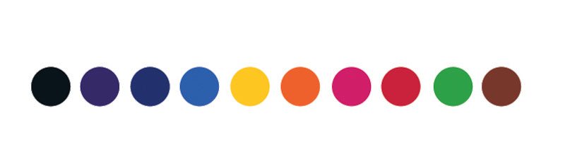 Row of colored circles in a gradient on a white background