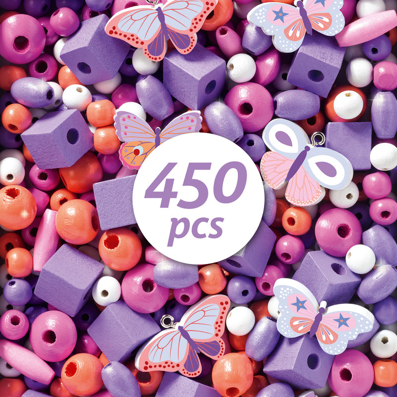 Colorful assortment of beads and butterfly charms with a label indicating 450 pieces.