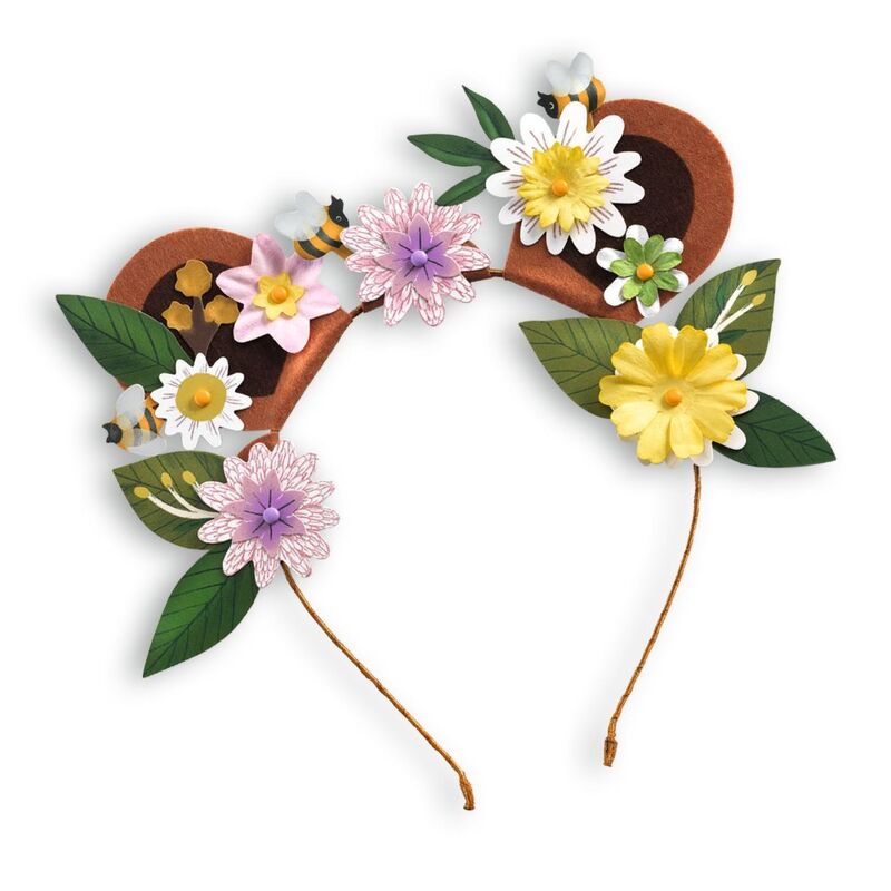 Floral headband with flowers and leaves on a white background
