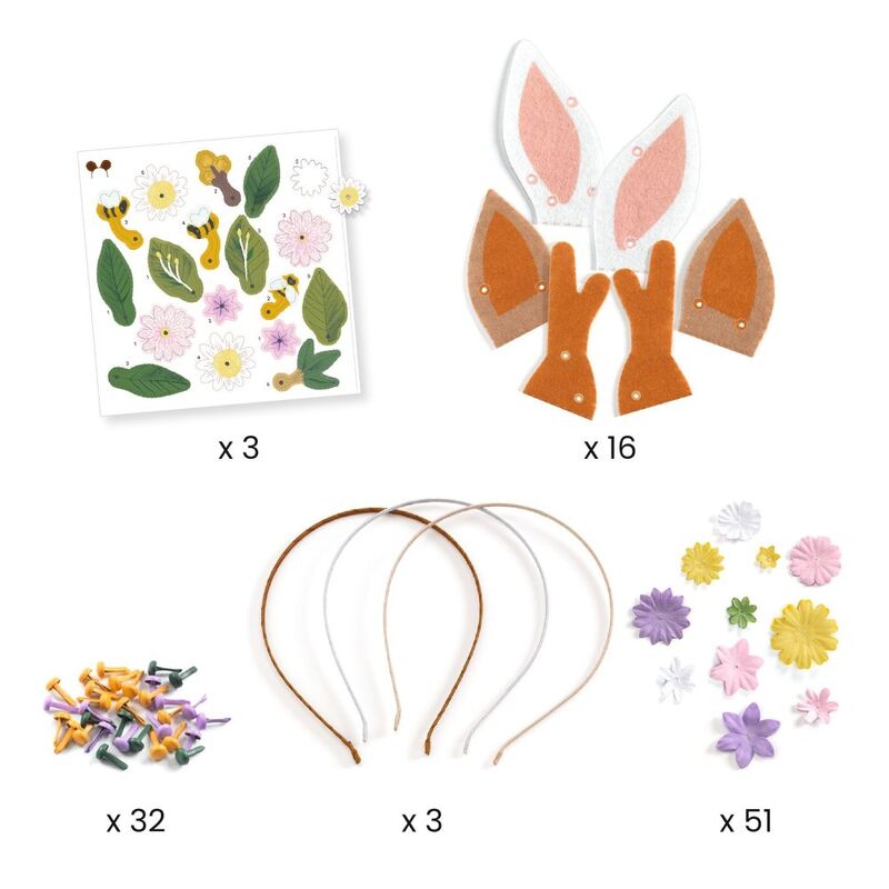 Set of craft supplies including bunny ears, flowers, and a balloon with quantities indicated.