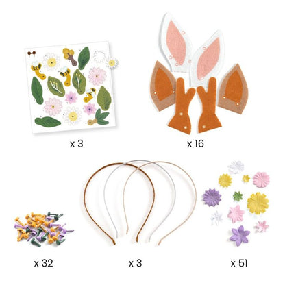 Set of craft supplies including bunny ears, flowers, and a balloon with quantities indicated.