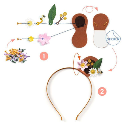Step-by-step assembly of a headband with floral stickers on a white background