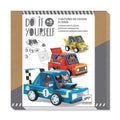 Toy car kit packaging with colorful cars and 'Do It Yourself' text on a white background