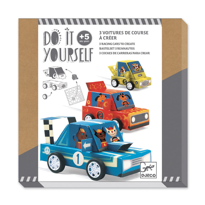 Toy car kit packaging with colorful cars and 'Do It Yourself' text on a white background