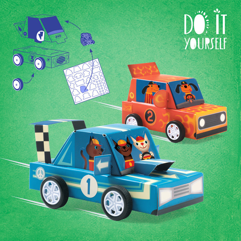 Two colorful toy cars with cartoon characters on a green background, featuring the 'Do It Yourself' brand.