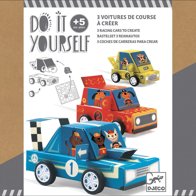 Toy car set packaging with cartoon cars and 'Do It Yourself' text on a brown background