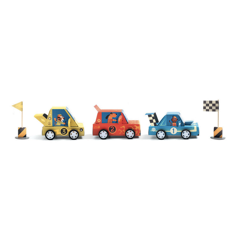 Three toy race cars with flags on a white background