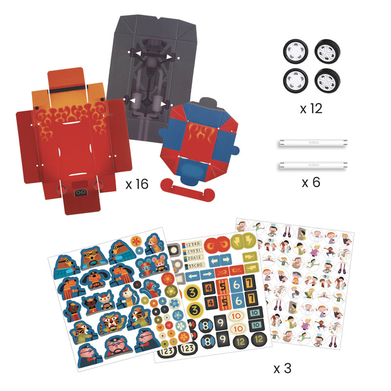 Children's toy set with various components on a white background