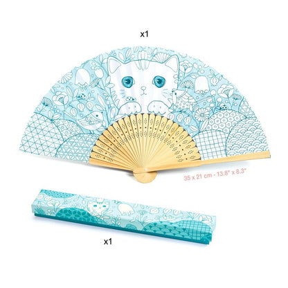 Handheld fan with cat design and packaging on a white background