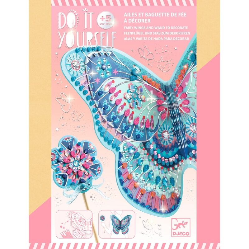 Butterfly decoration kit with colorful design on a pink and yellow background