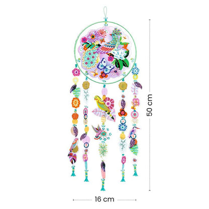 Colorful dreamcatcher with floral and bird designs, shown with dimensions on a white background.