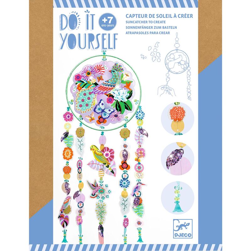 Packaging of a DIY sun catcher kit with colorful designs and DJECO branding.