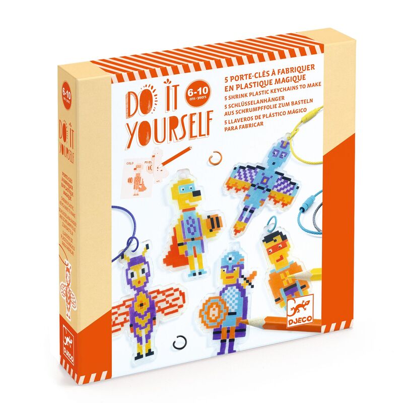 Box of 'Do It Yourself' keychain craft kit with colorful characters on a white background
