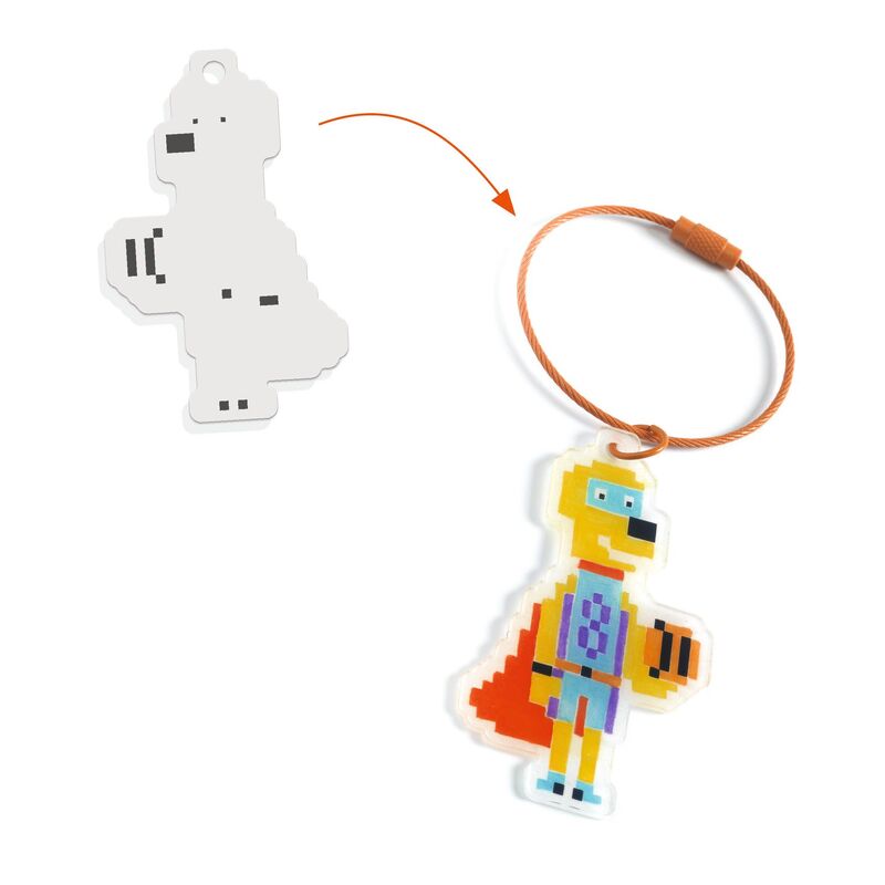 Pixelated character keychain with a white ghost-like shape on a white background