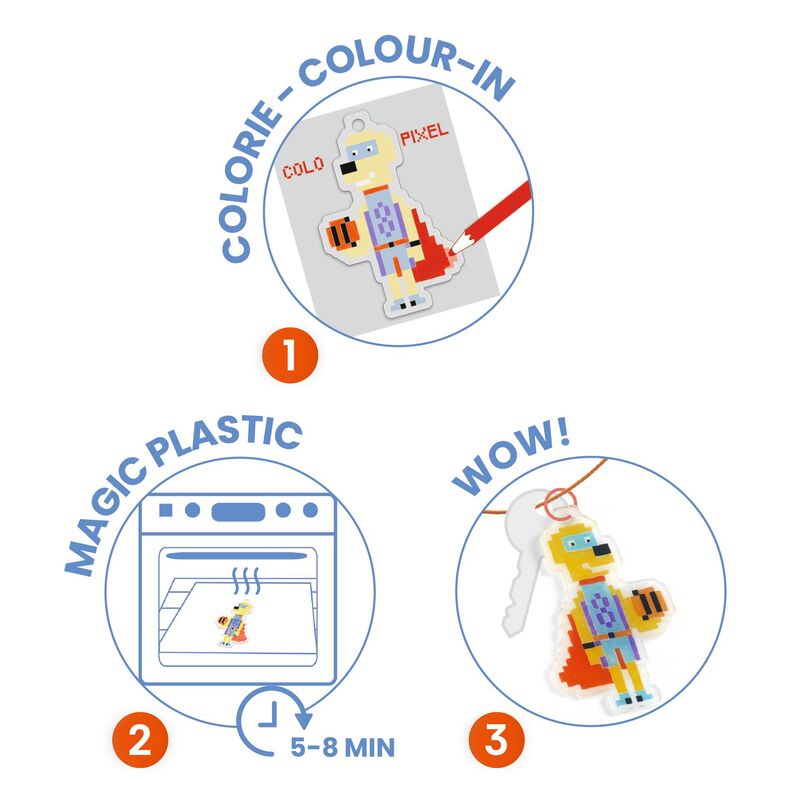 Step-by-step guide for a coloring activity with a superhero figure, including coloring, using magic plastic, and the final product.
