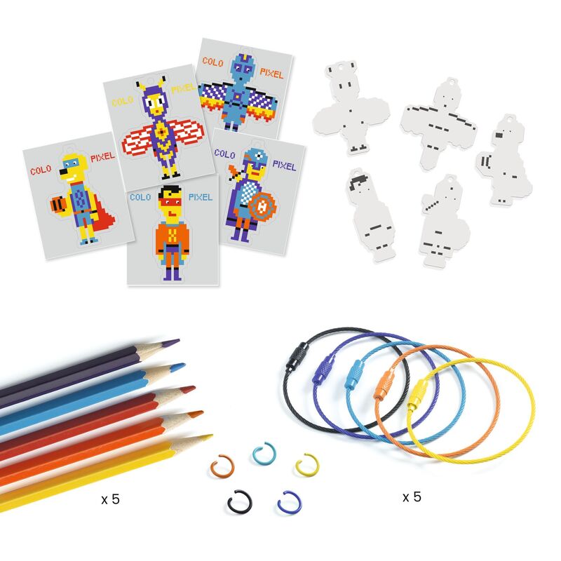 Colorful pixel art tattoos, pencils, and necklaces on a white background