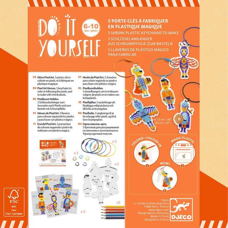Diy keychain kit packaging with colorful characters and text on an orange background