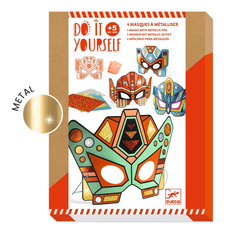 Packaging of 'Do It Yourself' masks with metallic foil by Djeco on a white background.