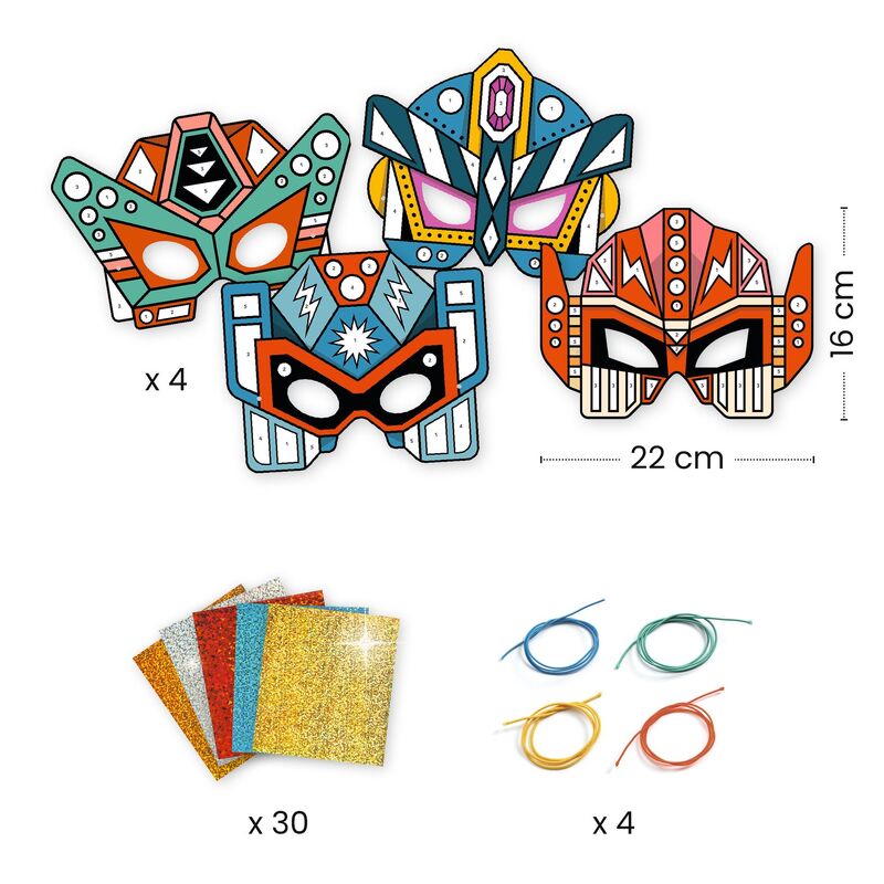 Colorful paper masks with measurement details on a white background