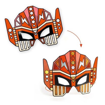 Two colorful masks with geometric patterns on a white background