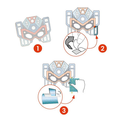 Step-by-step assembly diagram of a superhero mask with labeled steps on a white background.
