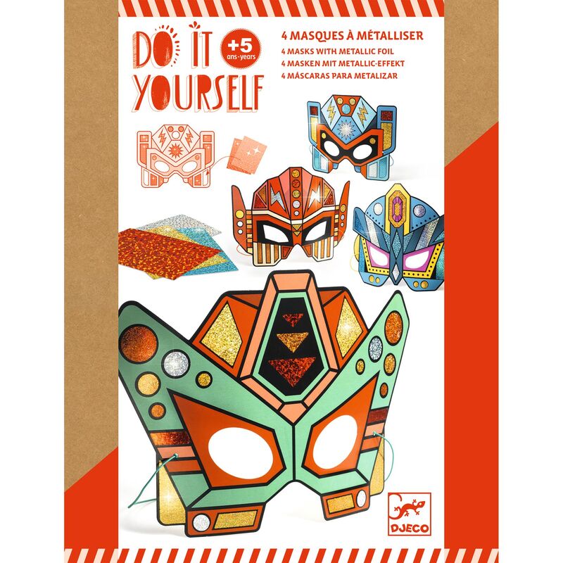 Packaging of a DIY mask kit with colorful masks and branding on a white background
