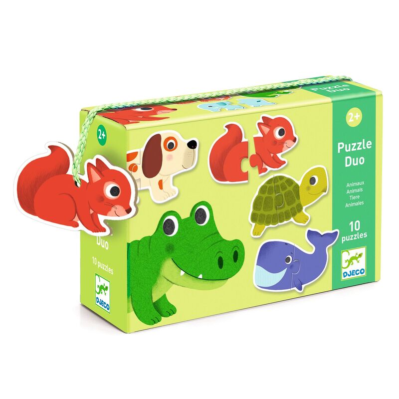 Box of a puzzle duo with animal illustrations on a white background