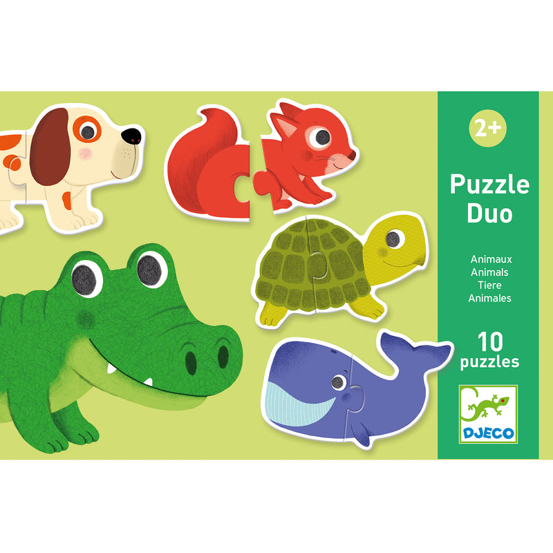 Djeco Puzzle Duo packaging with animal illustrations on a green background