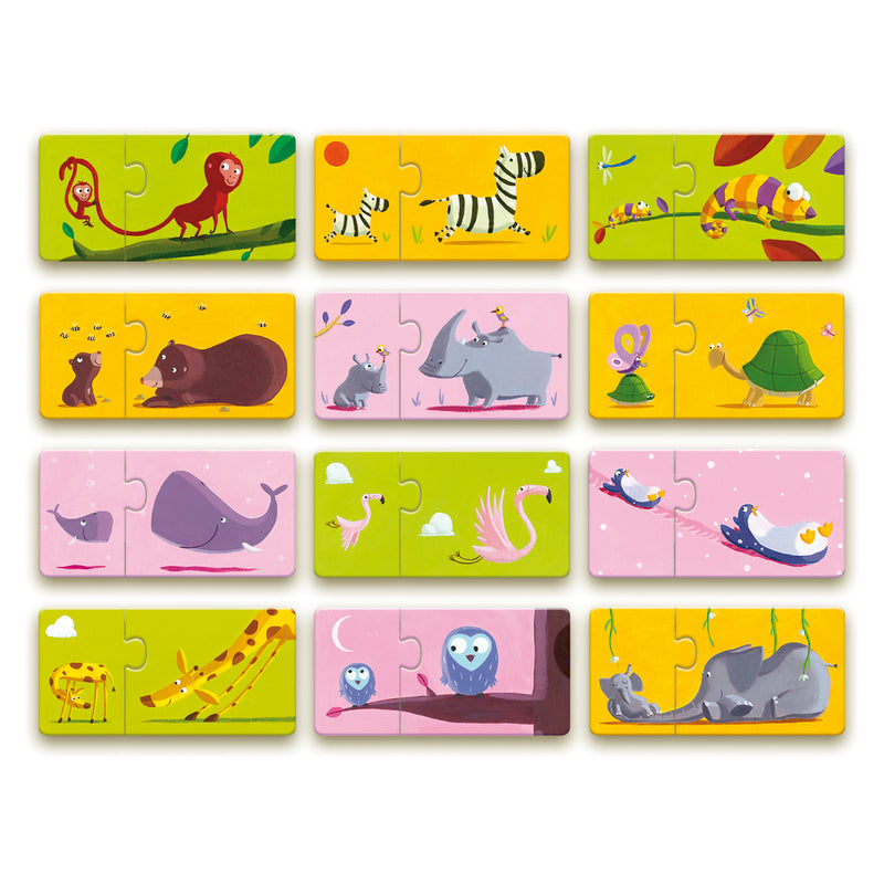 Set of colorful children's puzzles with animal illustrations on a white background