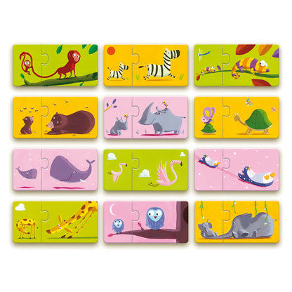 Set of colorful children's puzzles with animal illustrations on a white background