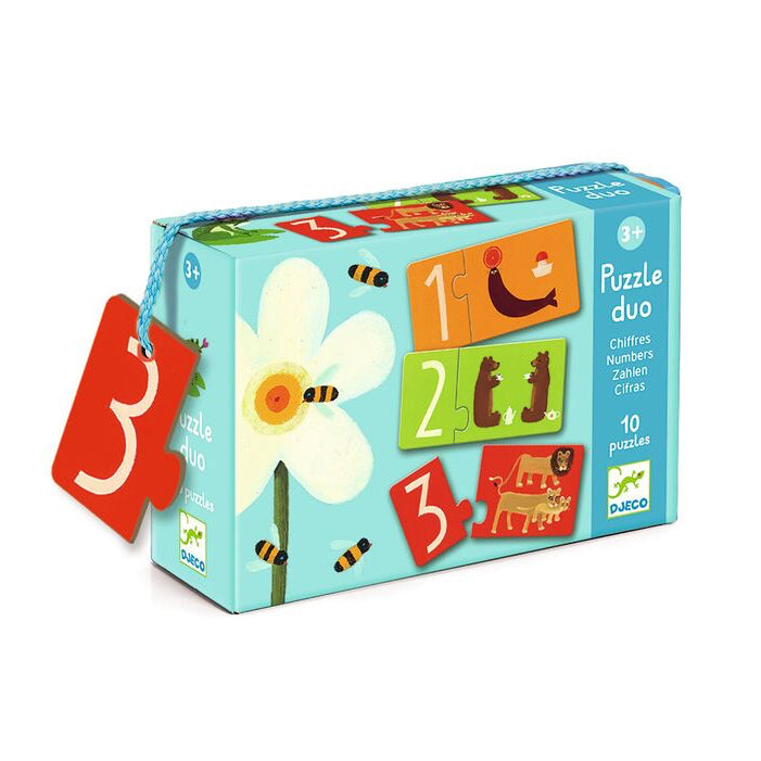 Children's puzzle duo packaging with colorful illustrations on a white background