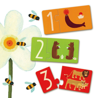Children's educational puzzle cards with numbers and animals on a white background