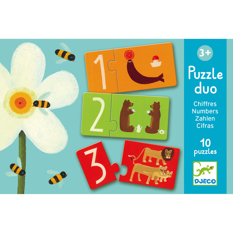 Children's puzzle duo with numbers and animals on a blue background with flowers and bees.
