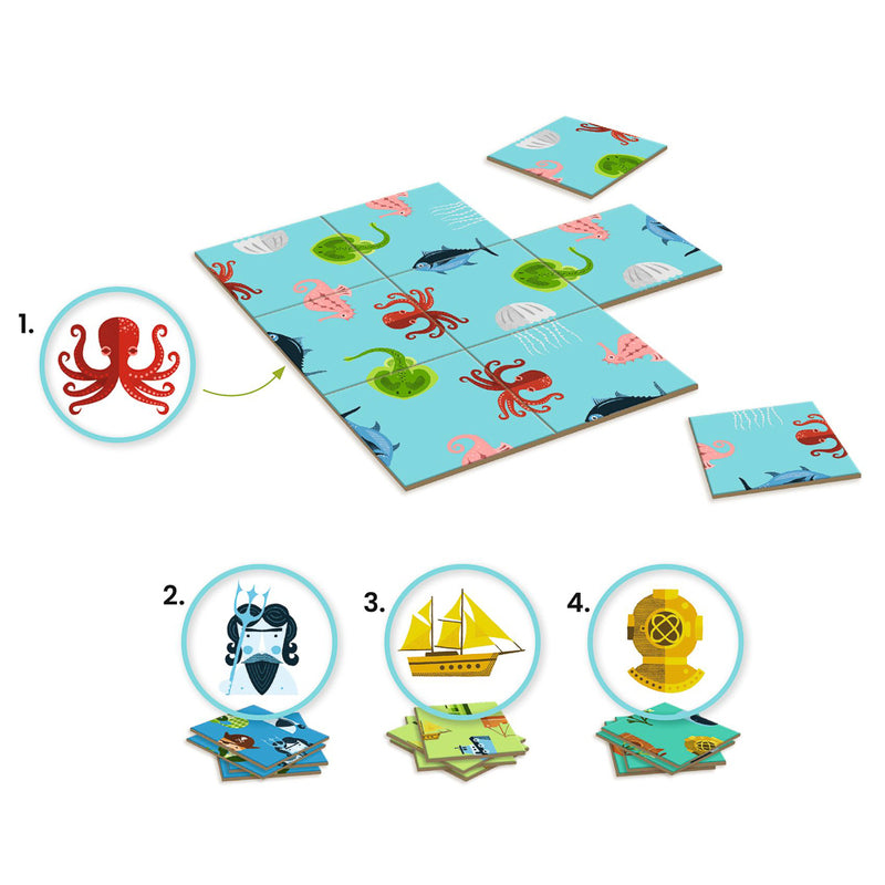 Children's puzzle with ocean-themed tiles and illustrations on a white background