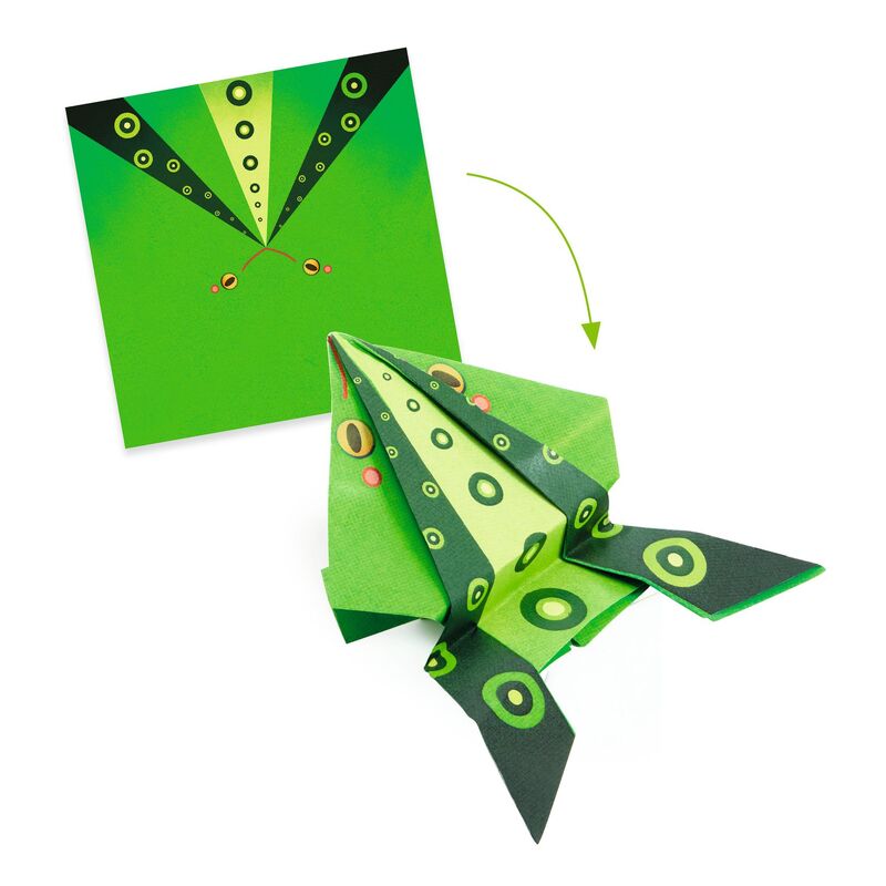 Green paper frog with black and yellow details on a white background
