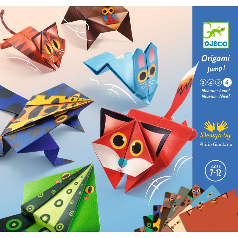Origami Jump kit by Djeco with colorful animal models on a blue background