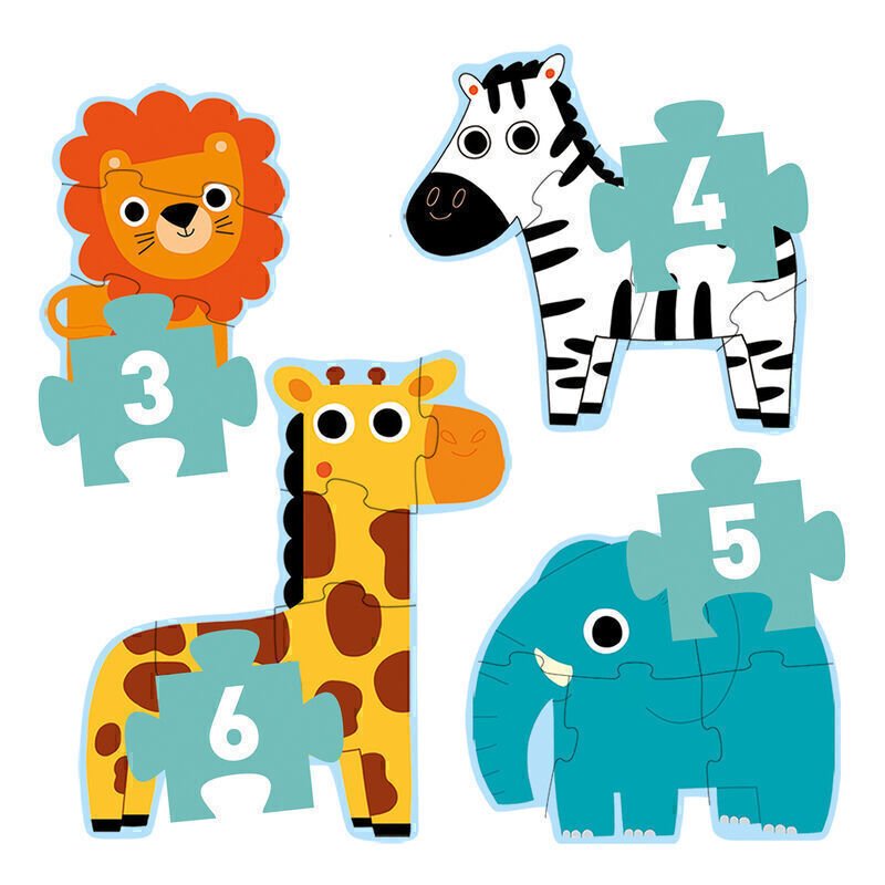 Set of animal-themed children's puzzles with numbers on a white background