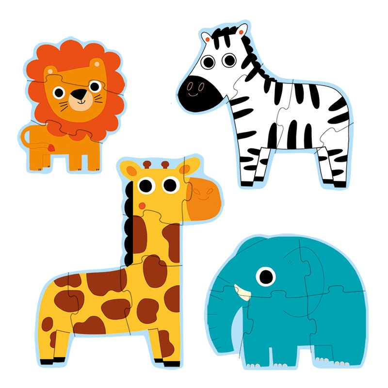 Four colorful animal puzzles (lion, zebra, giraffe, elephant) on a white background