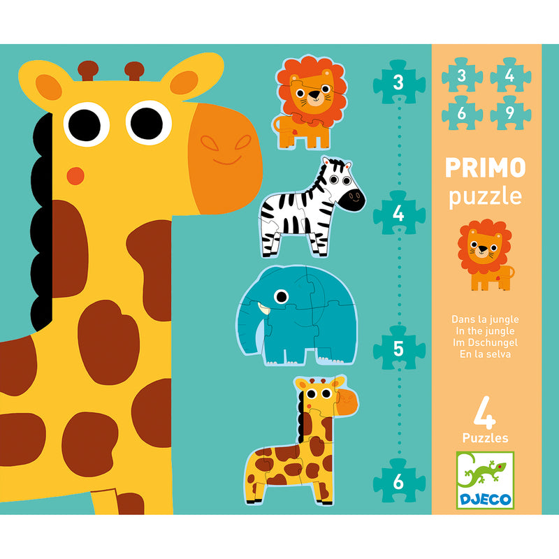 Children's puzzle book with cartoon animals on a blue and orange background