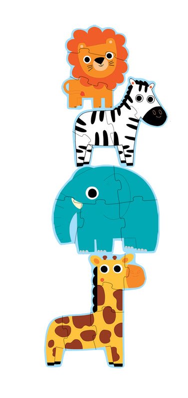 Stack of colorful animal-shaped puzzles on a white background