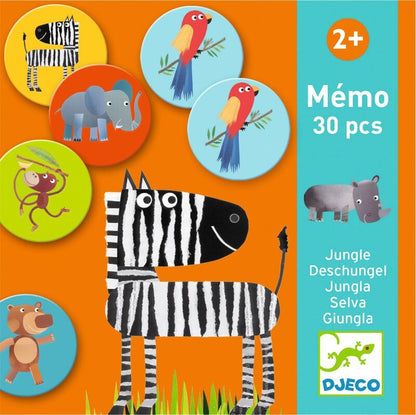 Jungle-themed children's game packaging with animals and 'Memo' text on an orange background.