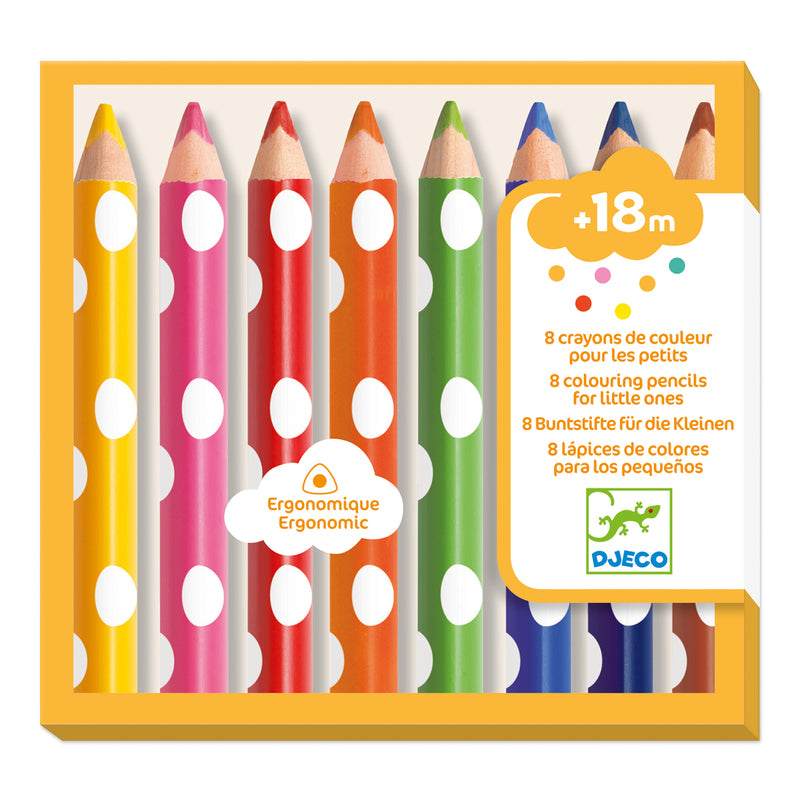 Set of 8 children's colouring pencils with polka dot design in a box, featuring the Djeco brand.