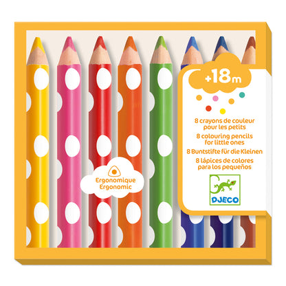 Set of 8 children's colouring pencils with polka dot design in a box, featuring the Djeco brand.