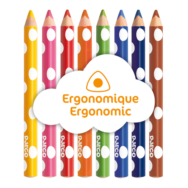 Set of colorful Djeco polka dot pencils with Ergomique Ergonomic label on a white background