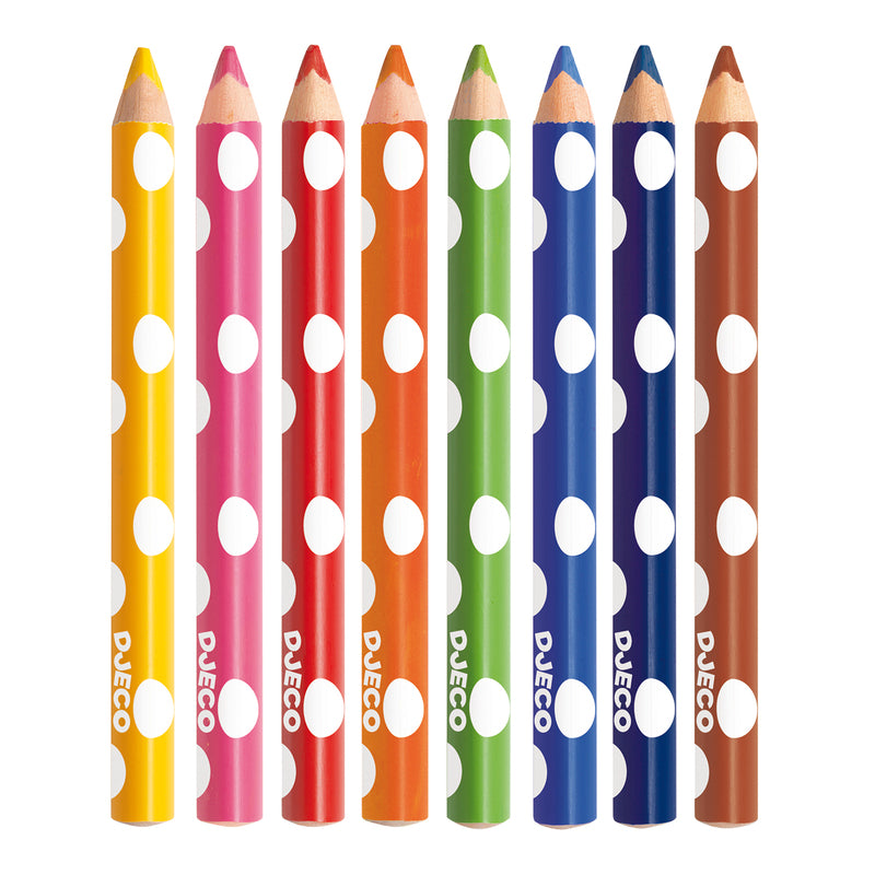 Set of colorful pencils with polka dot pattern on a white background