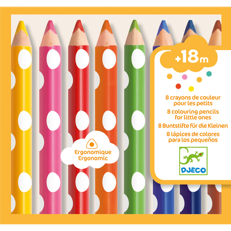 Set of eight colored pencils with polka dot design in a box, featuring the Djeco brand.