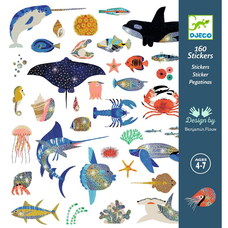 Sticker book cover with various sea creatures and Djeco branding