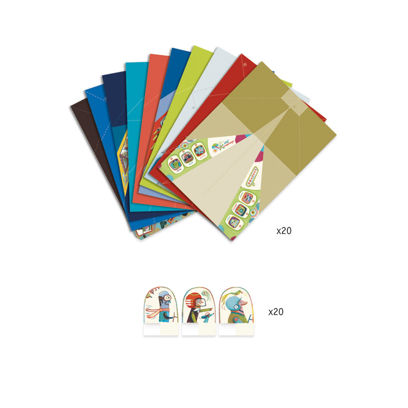 A fan of colorful printed paper envelopes or mailers with cartoon character illustrations, shown on a white background with small printed sample cutouts below and x20 labels indicating a quantity of 20.